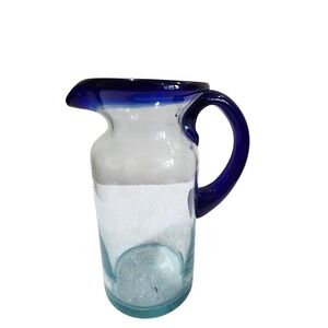 Mexican Hand Blown Art Glass Pitcher Cobalt Blue Handle Rim 7" Water Carafe Aqua